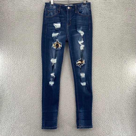 KanCan Jeans Womens 7 27 Blue Mid Rise Leopard Skinny Distressed Stretch Denim - Picture 1 of 12